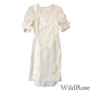 Zac Posen Cream Textured Silk & Cotton Fitted Flounce Cocktail Dress